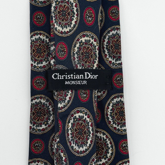 Christian Dior Monsieur Silk Tie Navy Blue Red Medallion Floral Italian Fabric - Picture 3 of 5